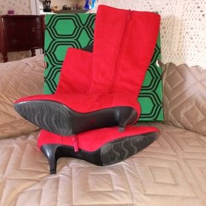 East 5th brand,Red suede knee high boots, size 6.